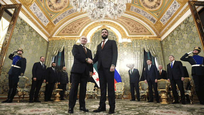 Russian President Vladimir Putin and President of the Syrian Arab Republic Ahmed al-Sharaa at a meeting in The Kremlin on October 15, 2025. Photo: Sergei Bobylev, TASS | Source: http://en.kremlin.ru/